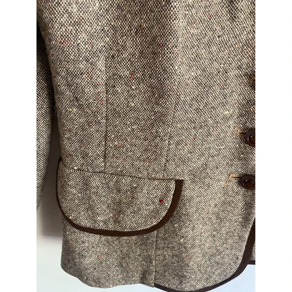 Vintage Mary-Lane Brown Wool Tweed Blazer Jacket‎ Contrast Piping Speckled Tan